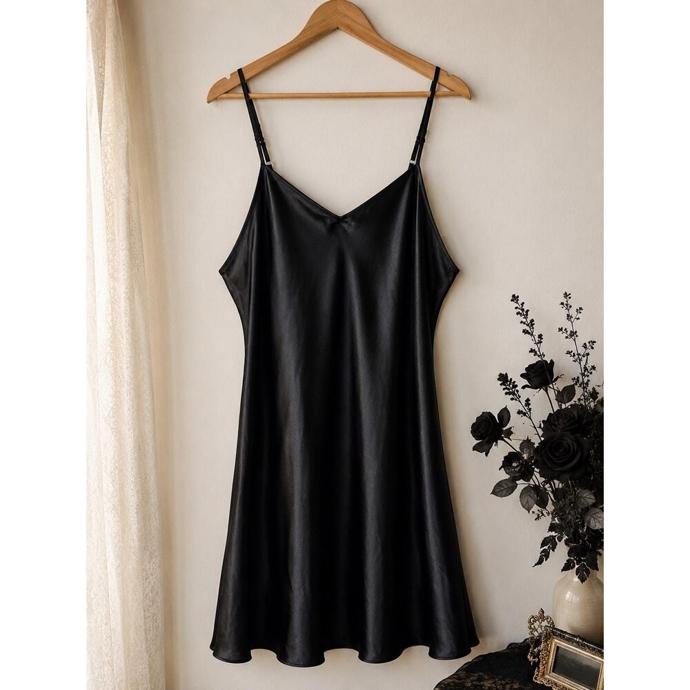 Vintage Y2K Black Satin Slip Dress XXL Minimalist Lingerie Nightgown Goth